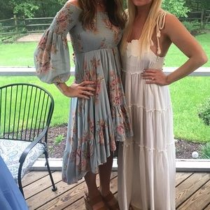 Off the shoulder midi dress in a dusty blue color